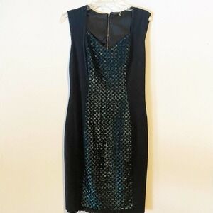 𝅺Elite Tahari Shift Dress Sz 6 Zip up Back Sleeveless Black Blue Rhinestone